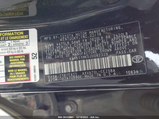 Photo 8 VIN: 4T1B11HK5JU082329 - TOYOTA CAMRY 