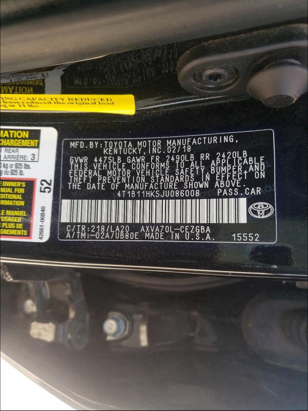 Photo 9 VIN: 4T1B11HK5JU086008 - TOYOTA CAMRY 