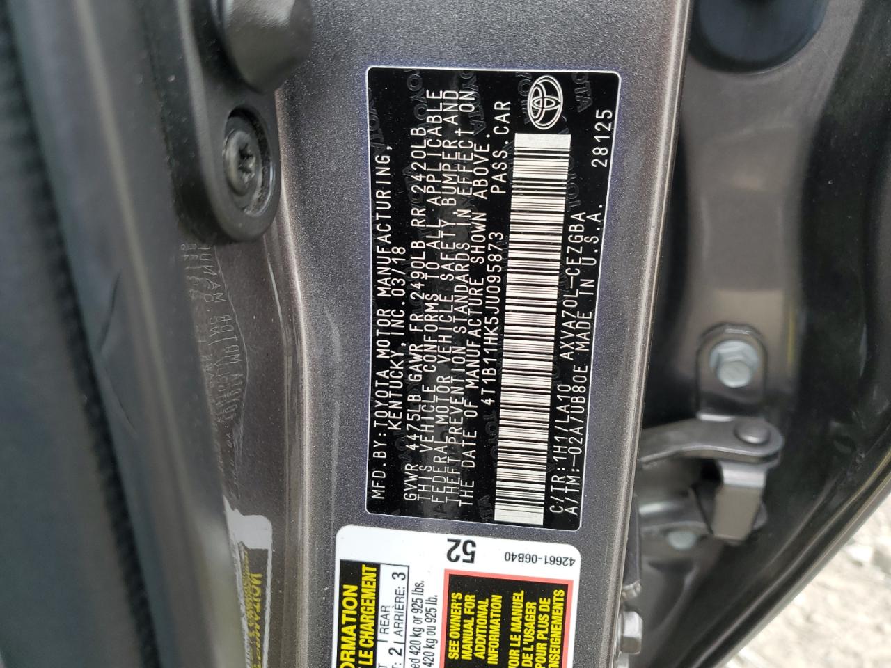 Photo 11 VIN: 4T1B11HK5JU095873 - TOYOTA CAMRY 