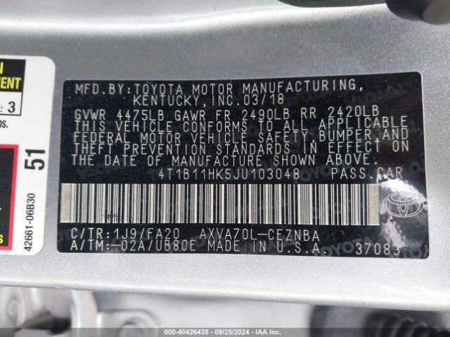 Photo 8 VIN: 4T1B11HK5JU103048 - TOYOTA CAMRY 