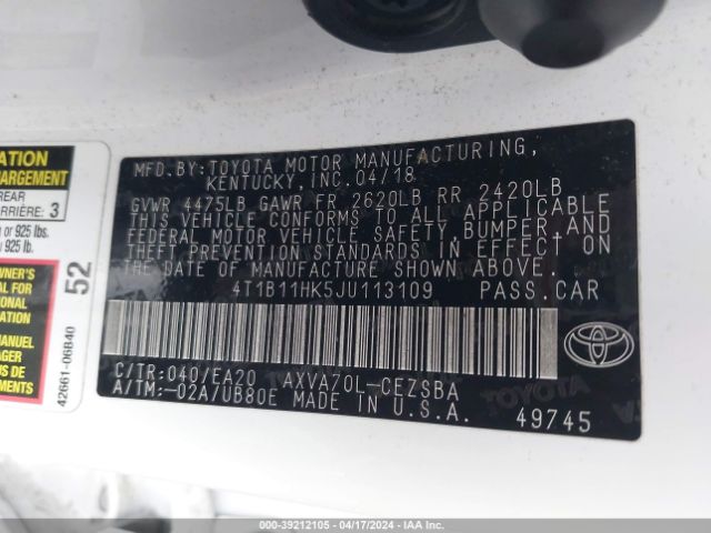 Photo 8 VIN: 4T1B11HK5JU113109 - TOYOTA CAMRY 