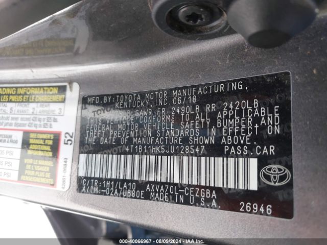 Photo 8 VIN: 4T1B11HK5JU128547 - TOYOTA CAMRY 