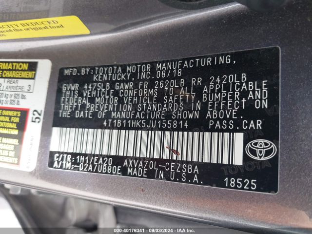 Photo 8 VIN: 4T1B11HK5JU155814 - TOYOTA CAMRY 