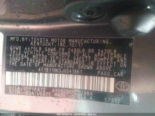 Photo 8 VIN: 4T1B11HK5JU541861 - TOYOTA CAMRY 