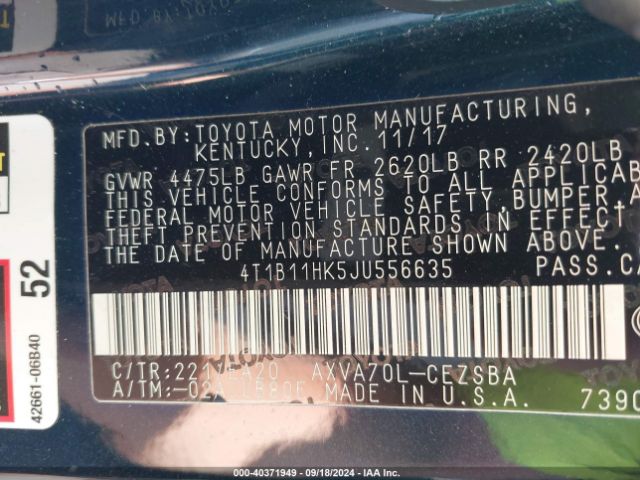 Photo 8 VIN: 4T1B11HK5JU556635 - TOYOTA CAMRY 