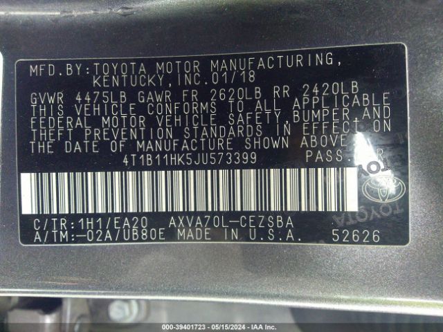 Photo 8 VIN: 4T1B11HK5JU573399 - TOYOTA CAMRY 