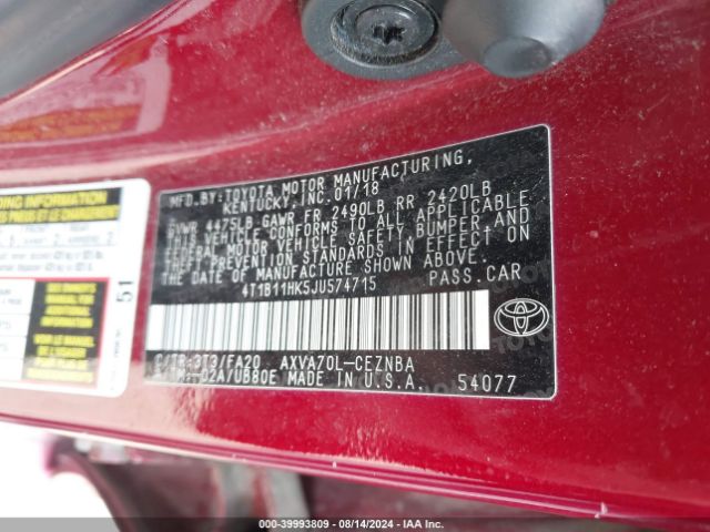 Photo 8 VIN: 4T1B11HK5JU574715 - TOYOTA CAMRY 