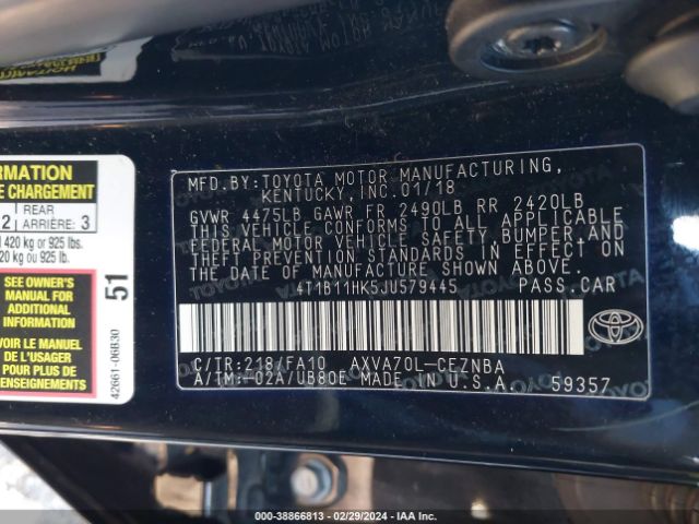 Photo 8 VIN: 4T1B11HK5JU579445 - TOYOTA CAMRY 