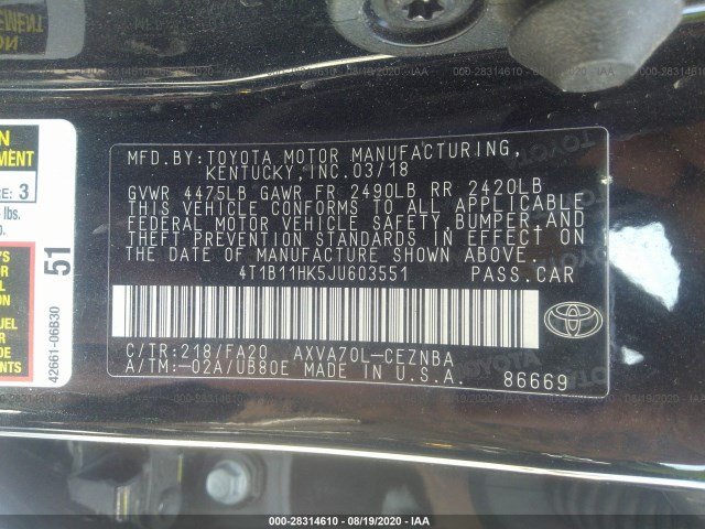 Photo 8 VIN: 4T1B11HK5JU603551 - TOYOTA CAMRY 