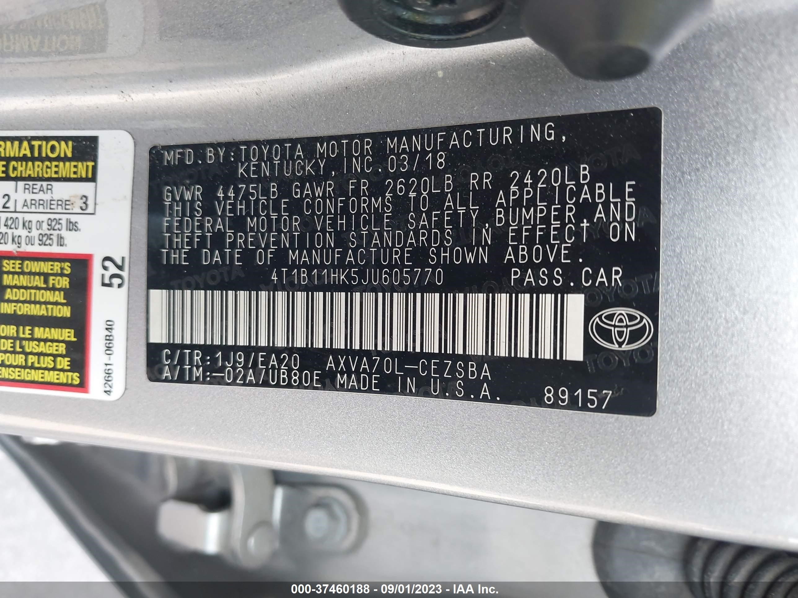 Photo 8 VIN: 4T1B11HK5JU605770 - TOYOTA CAMRY 