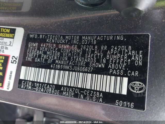 Photo 8 VIN: 4T1B11HK5JU606627 - TOYOTA CAMRY 