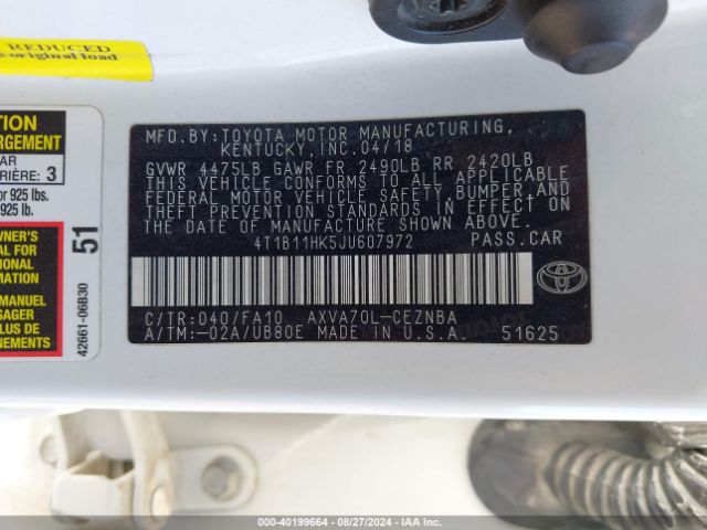 Photo 8 VIN: 4T1B11HK5JU607972 - TOYOTA CAMRY 