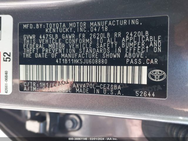 Photo 8 VIN: 4T1B11HK5JU608880 - TOYOTA CAMRY 