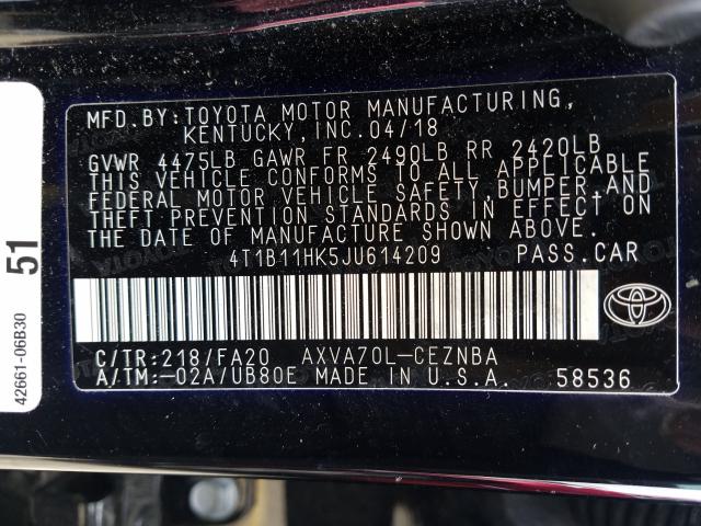 Photo 9 VIN: 4T1B11HK5JU614209 - TOYOTA CAMRY L 