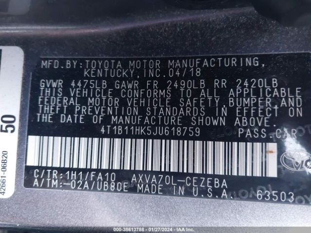 Photo 8 VIN: 4T1B11HK5JU618759 - TOYOTA CAMRY 