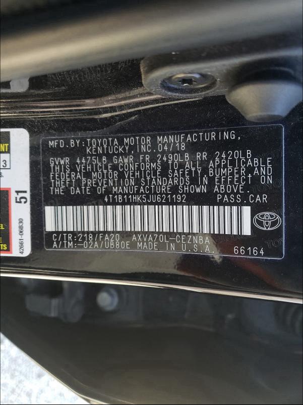 Photo 9 VIN: 4T1B11HK5JU621192 - TOYOTA CAMRY L 