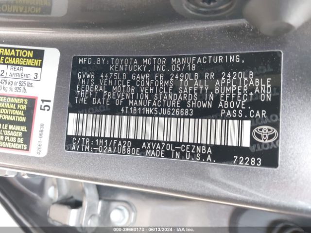 Photo 8 VIN: 4T1B11HK5JU626683 - TOYOTA CAMRY 