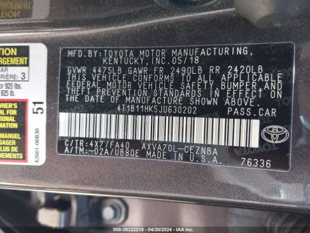 Photo 8 VIN: 4T1B11HK5JU630202 - TOYOTA CAMRY 