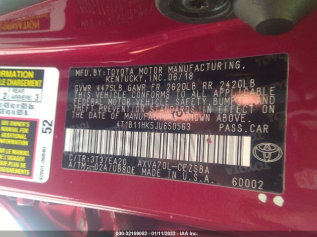 Photo 8 VIN: 4T1B11HK5JU650563 - TOYOTA CAMRY 