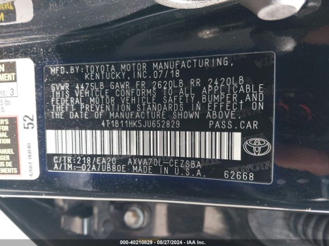 Photo 8 VIN: 4T1B11HK5JU652829 - TOYOTA CAMRY L 