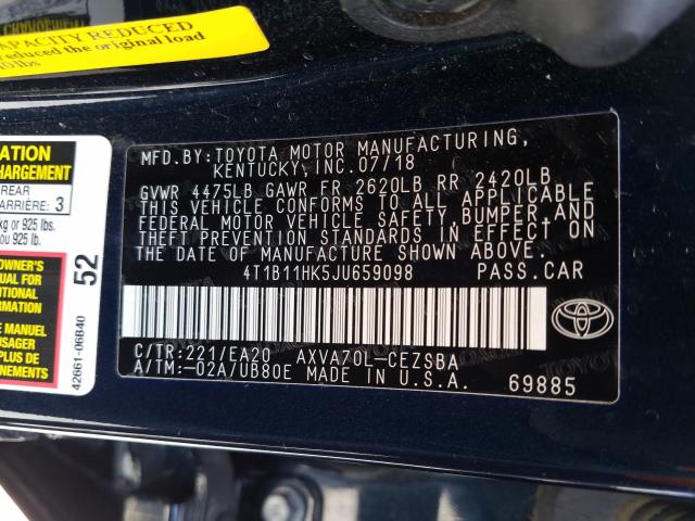 Photo 9 VIN: 4T1B11HK5JU659098 - TOYOTA CAMRY L 