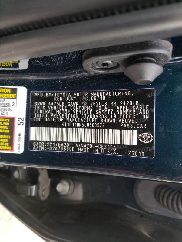 Photo 9 VIN: 4T1B11HK5JU663572 - TOYOTA CAMRY L 