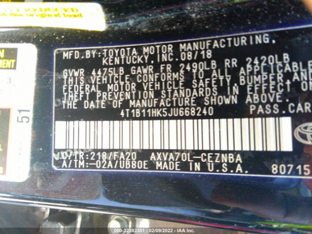 Photo 8 VIN: 4T1B11HK5JU668240 - TOYOTA CAMRY 