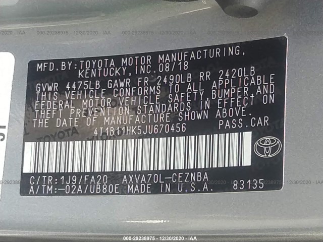 Photo 8 VIN: 4T1B11HK5JU670456 - TOYOTA CAMRY 