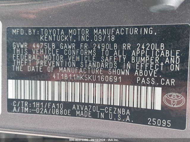 Photo 8 VIN: 4T1B11HK5KU160691 - TOYOTA CAMRY 