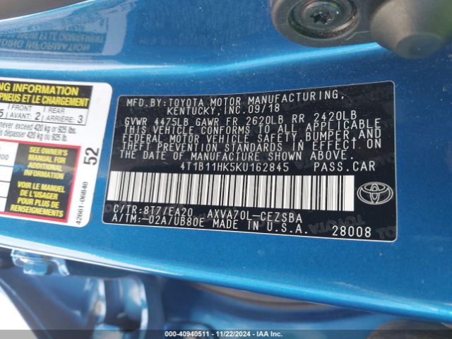 Photo 8 VIN: 4T1B11HK5KU162845 - TOYOTA CAMRY 