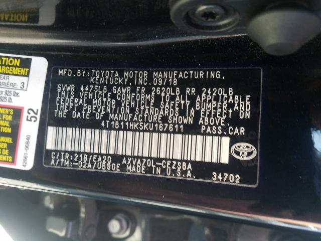 Photo 9 VIN: 4T1B11HK5KU167611 - TOYOTA CAMRY L 