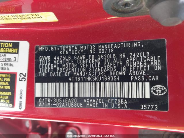 Photo 8 VIN: 4T1B11HK5KU168354 - TOYOTA CAMRY 