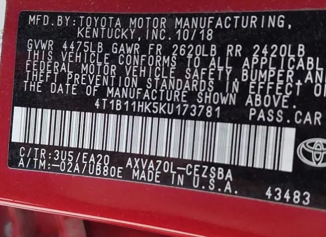 Photo 8 VIN: 4T1B11HK5KU173781 - TOYOTA CAMRY 