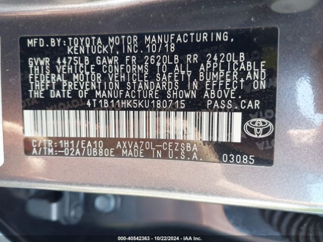 Photo 8 VIN: 4T1B11HK5KU180715 - TOYOTA CAMRY 