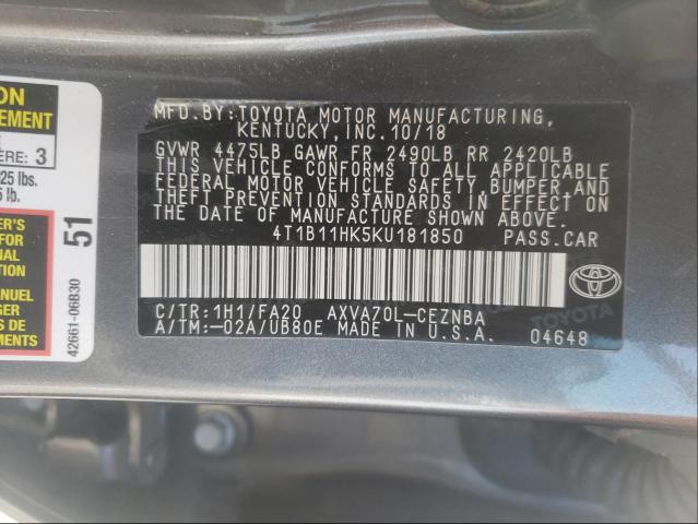 Photo 9 VIN: 4T1B11HK5KU181850 - TOYOTA CAMRY L 