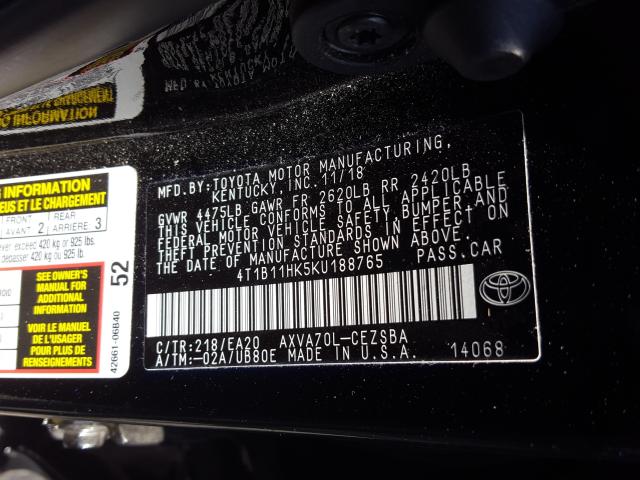 Photo 9 VIN: 4T1B11HK5KU188765 - TOYOTA CAMRY L 