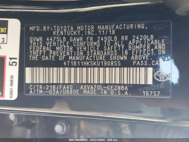 Photo 8 VIN: 4T1B11HK5KU190855 - TOYOTA CAMRY 