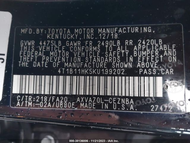 Photo 8 VIN: 4T1B11HK5KU199202 - TOYOTA CAMRY 