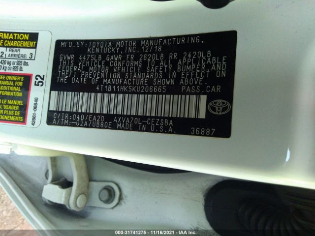 Photo 8 VIN: 4T1B11HK5KU206665 - TOYOTA CAMRY 