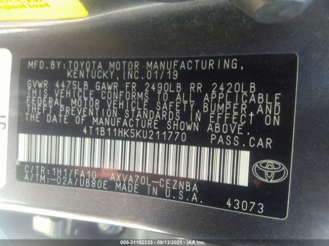 Photo 8 VIN: 4T1B11HK5KU211770 - TOYOTA CAMRY 