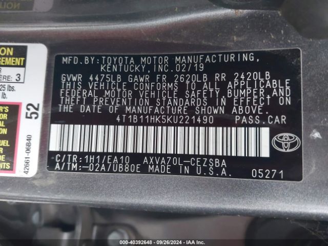 Photo 8 VIN: 4T1B11HK5KU221490 - TOYOTA CAMRY 