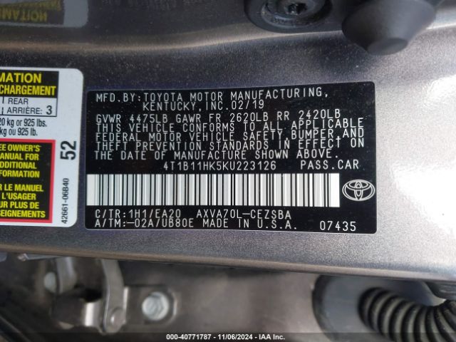 Photo 8 VIN: 4T1B11HK5KU223126 - TOYOTA CAMRY 