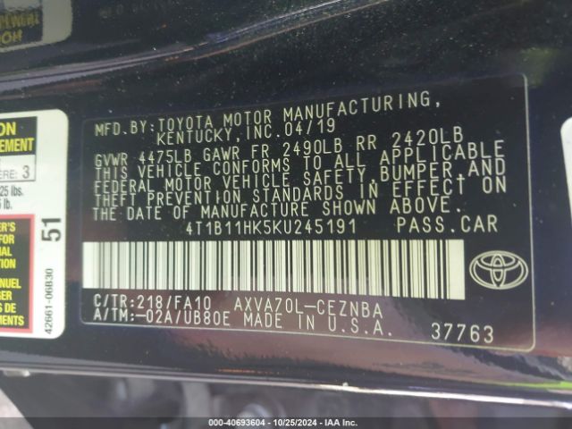 Photo 8 VIN: 4T1B11HK5KU245191 - TOYOTA CAMRY 