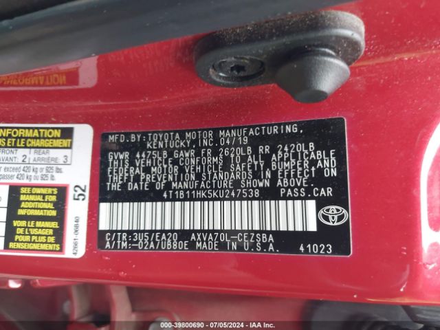 Photo 8 VIN: 4T1B11HK5KU247538 - TOYOTA CAMRY 