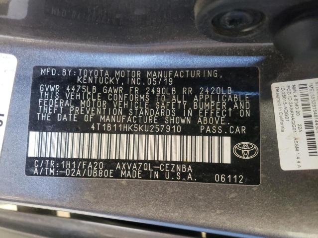 Photo 12 VIN: 4T1B11HK5KU257910 - TOYOTA CAMRY L 