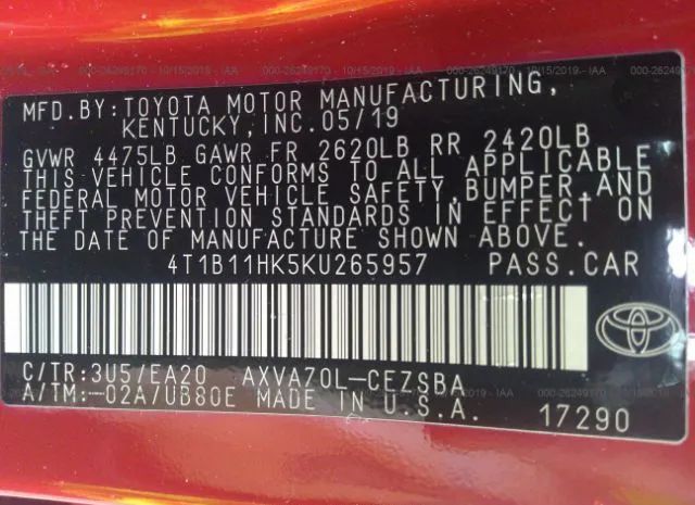 Photo 8 VIN: 4T1B11HK5KU265957 - TOYOTA CAMRY 