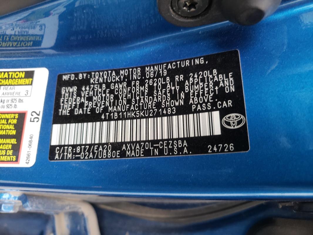 Photo 9 VIN: 4T1B11HK5KU271483 - TOYOTA CAMRY L 