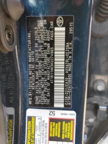 Photo 11 VIN: 4T1B11HK5KU274965 - TOYOTA CAMRY L 