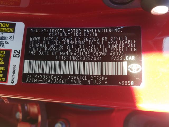 Photo 9 VIN: 4T1B11HK5KU287084 - TOYOTA CAMRY L 