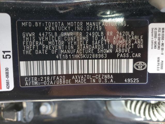 Photo 11 VIN: 4T1B11HK5KU288963 - TOYOTA CAMRY L 